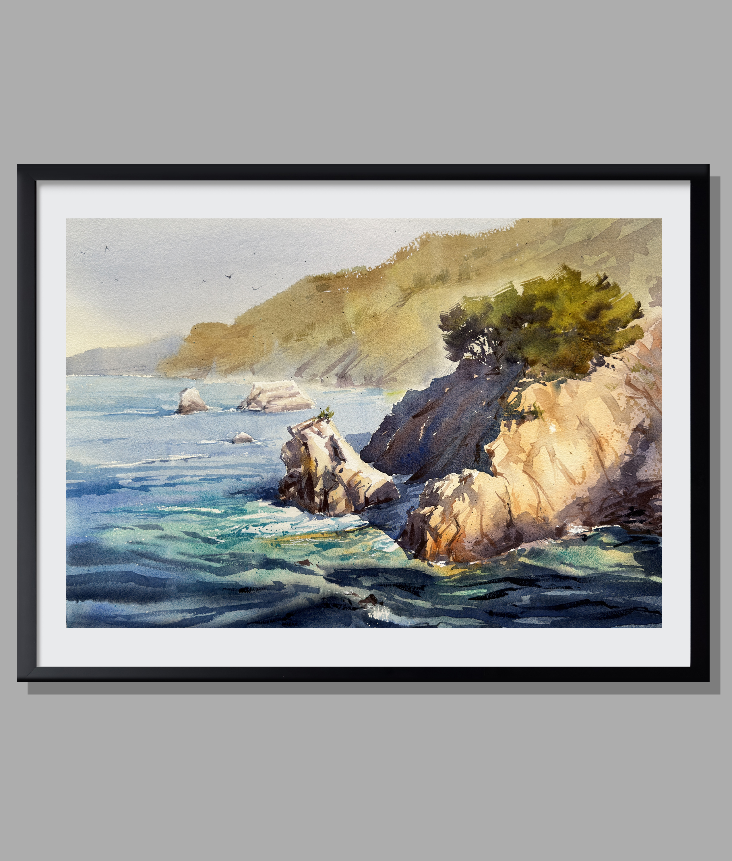 Golden Rocks of Big Sur- Original Watercolor Painting_Framed